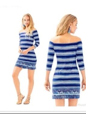 Lilly Pulitzer Laurana blue white stripe off shoulder striped dress Size XI